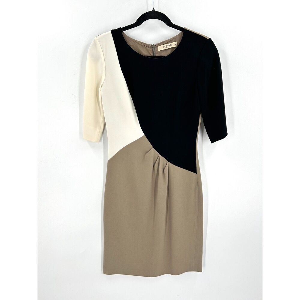 ETRO Black Brown Ivory Colorblock Half Sleeve Pleated Sheath Dress Size EU 40